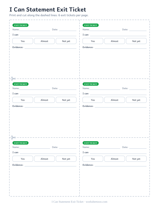 I Can Statement Exit Ticket: free printable exit ticket PDF to print and cut, 6 slips per page
