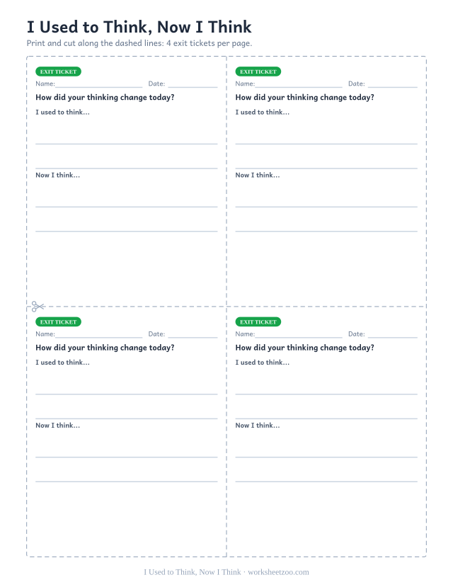 I Used to Think, Now I Think: free printable exit ticket PDF to print and cut, 4 slips per page
