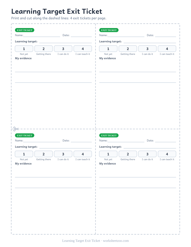 Learning Target Exit Ticket: free printable exit ticket PDF to print and cut, 4 slips per page