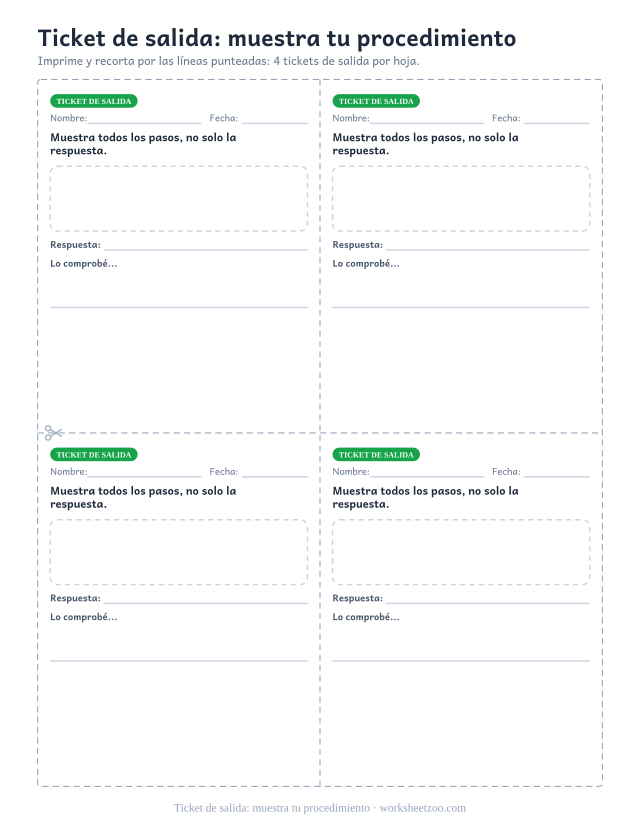 Ticket de salida: muestra tu procedimiento: ticket de salida para imprimir y recortar en PDF, 4 tickets por hoja