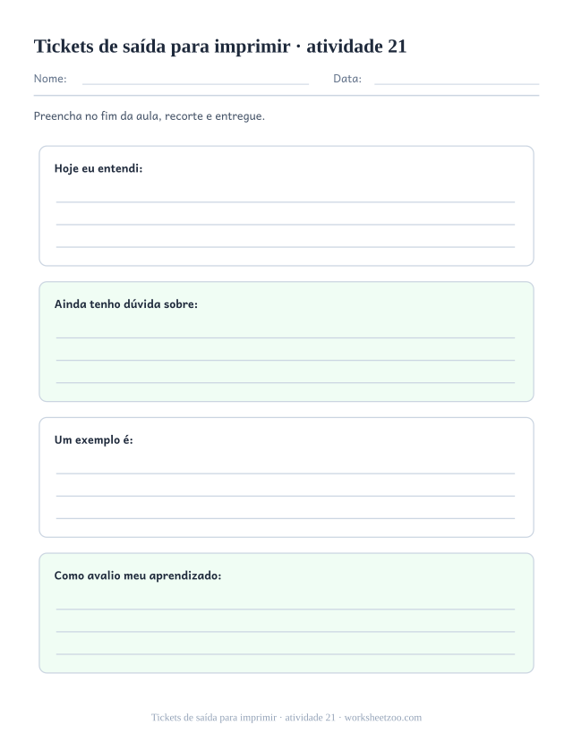 Prévia de Tickets de saída para imprimir, atividade 21 para imprimir
