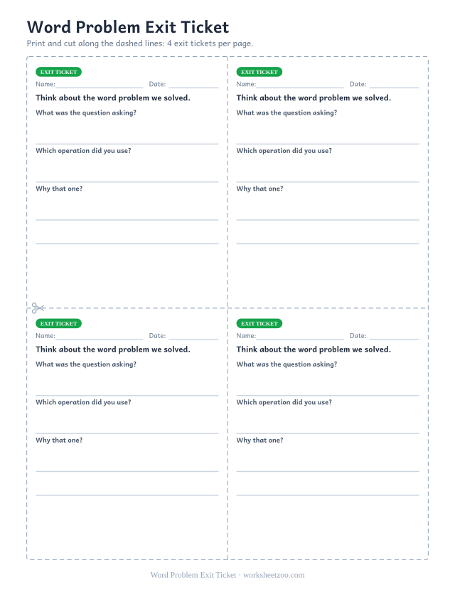 Word Problem Exit Ticket: free printable exit ticket PDF to print and cut, 4 slips per page