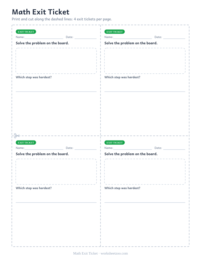 Math Exit Ticket: free printable exit ticket PDF to print and cut, 4 slips per page