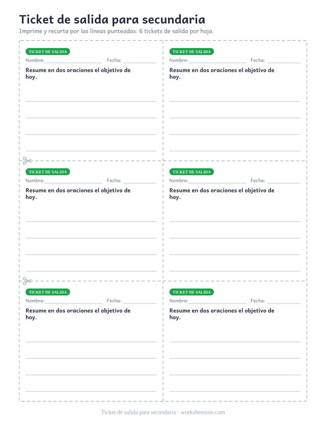 Ticket de salida para secundaria: ticket de salida para imprimir y recortar en PDF, 6 tickets por hoja