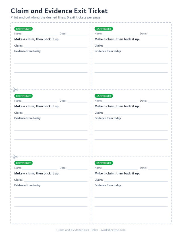 Claim and Evidence Exit Ticket: free printable exit ticket PDF to print and cut, 6 slips per page