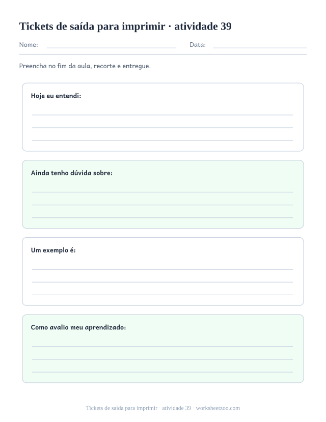 Prévia de Tickets de saída para imprimir, atividade 39 para imprimir