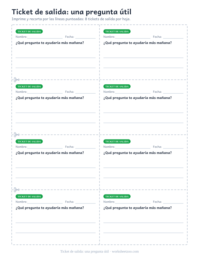 Ticket de salida: una pregunta útil: ticket de salida para imprimir y recortar en PDF, 8 tickets por hoja