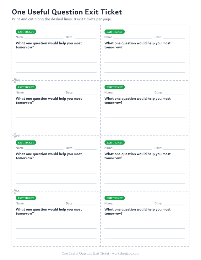 One Useful Question Exit Ticket: free printable exit ticket PDF to print and cut, 8 slips per page