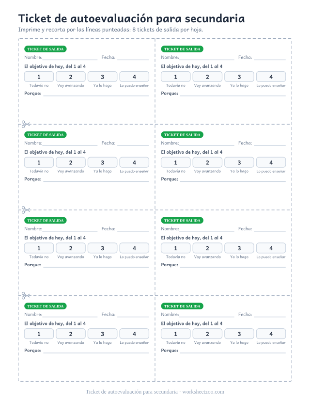 Ticket de autoevaluación para secundaria: ticket de salida para imprimir y recortar en PDF, 8 tickets por hoja