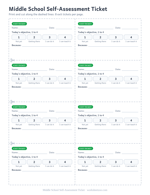 Middle School Self-Assessment Ticket: free printable exit ticket PDF to print and cut, 8 slips per page