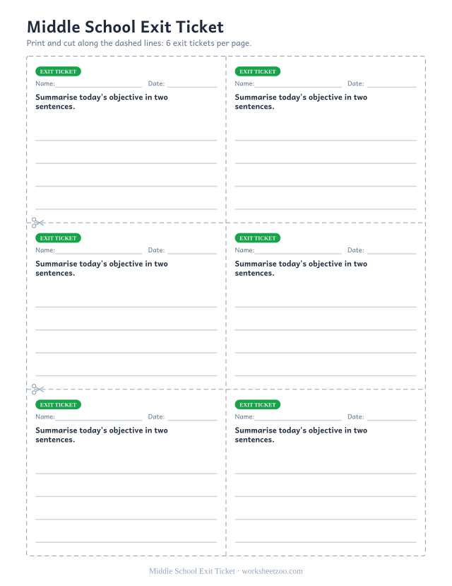 Middle School Exit Ticket: free printable exit ticket PDF to print and cut, 6 slips per page