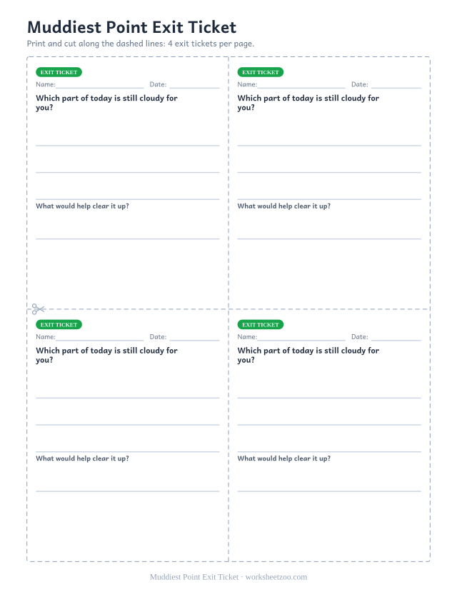 Muddiest Point Exit Ticket: free printable exit ticket PDF to print and cut, 4 slips per page