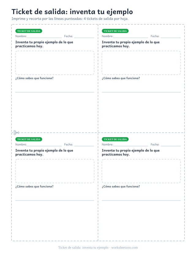 Ticket de salida: inventa tu ejemplo: ticket de salida para imprimir y recortar en PDF, 4 tickets por hoja