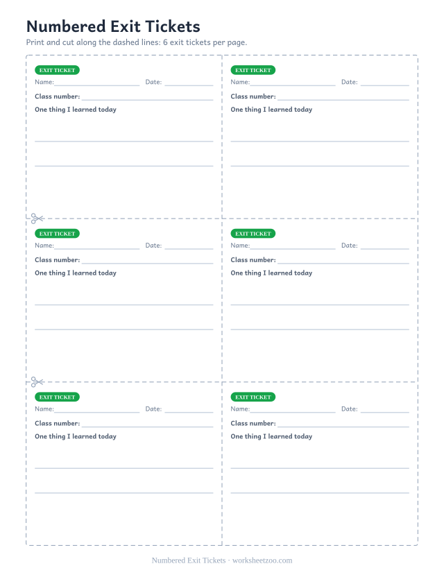 Numbered Exit Tickets: free printable exit ticket PDF to print and cut, 6 slips per page