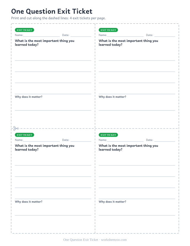 One Question Exit Ticket: free printable exit ticket PDF to print and cut, 4 slips per page