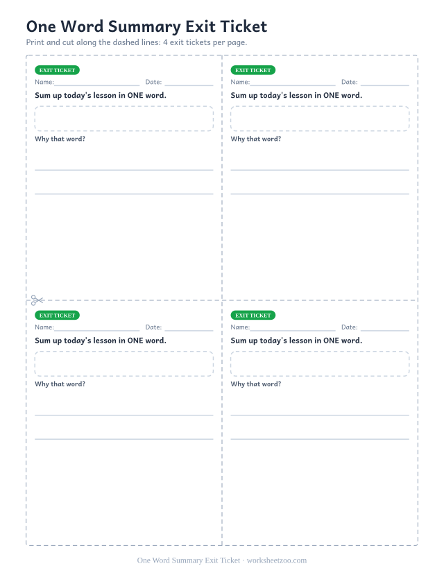 One Word Summary Exit Ticket: free printable exit ticket PDF to print and cut, 4 slips per page