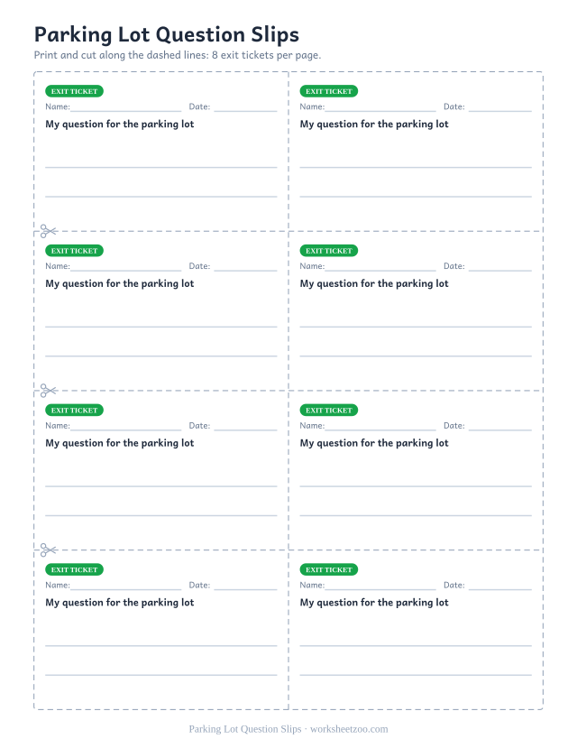 Parking Lot Question Slips: free printable exit ticket PDF to print and cut, 8 slips per page