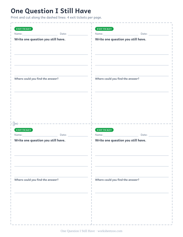 One Question I Still Have: free printable exit ticket PDF to print and cut, 4 slips per page