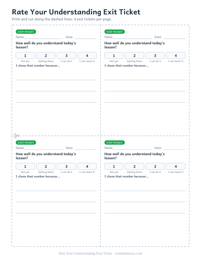 Rate Your Understanding Exit Ticket: free printable exit ticket PDF to print and cut, 4 slips per page