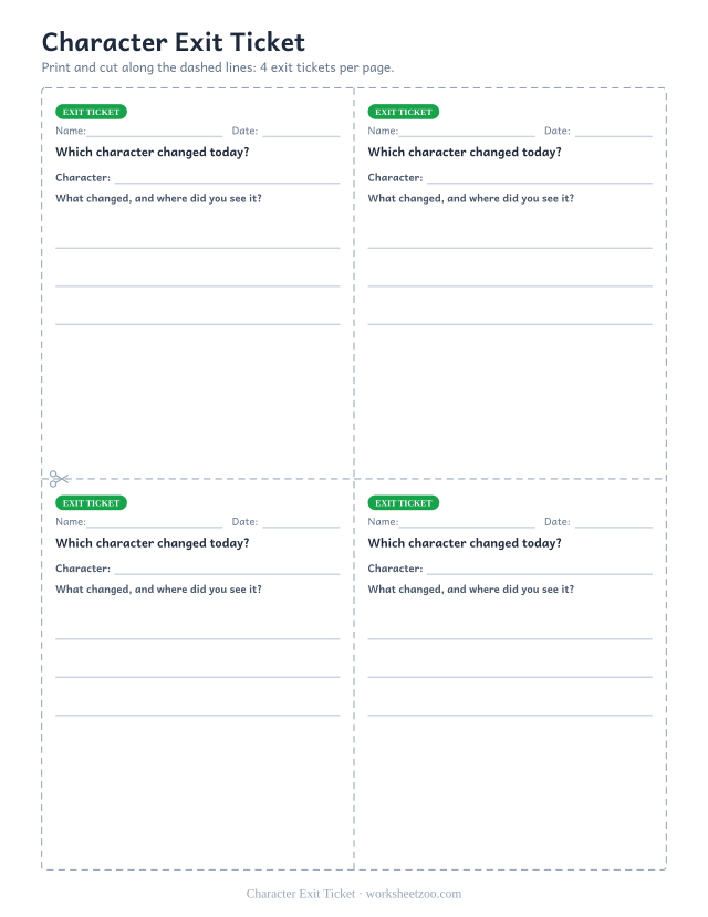 Character Exit Ticket: free printable exit ticket PDF to print and cut, 4 slips per page