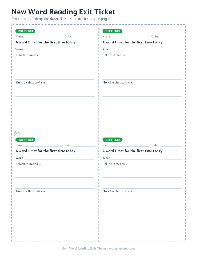 New Word Reading Exit Ticket: free printable exit ticket PDF to print and cut, 4 slips per page