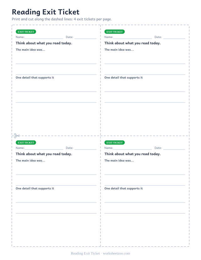 Reading Exit Ticket: free printable exit ticket PDF to print and cut, 4 slips per page