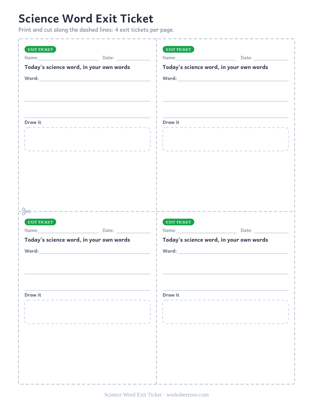 Science Word Exit Ticket: free printable exit ticket PDF to print and cut, 4 slips per page