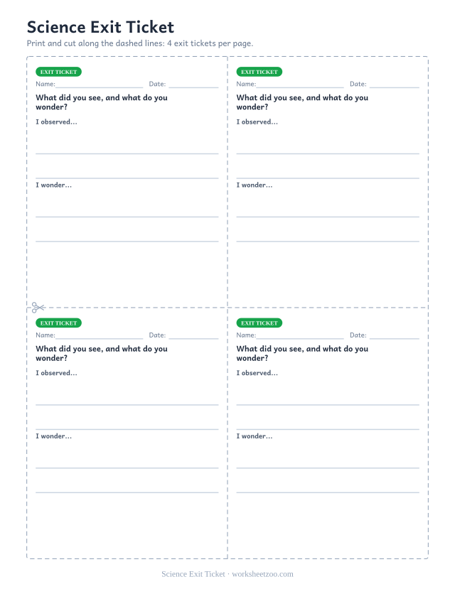 Science Exit Ticket: free printable exit ticket PDF to print and cut, 4 slips per page