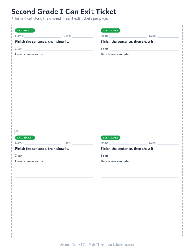 Second Grade I Can Exit Ticket: free printable exit ticket PDF to print and cut, 4 slips per page