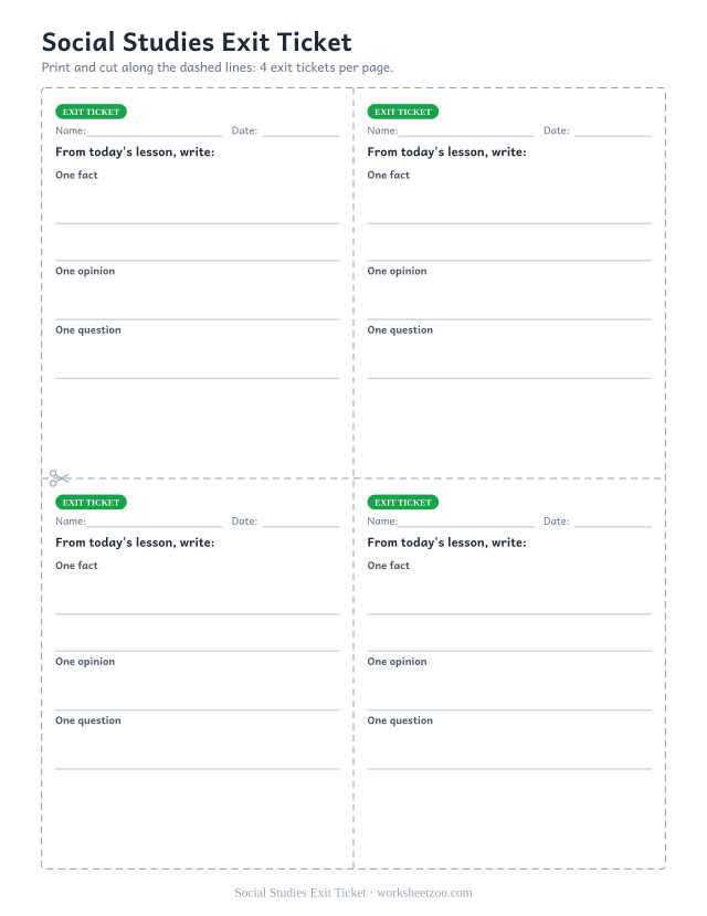 Social Studies Exit Ticket: free printable exit ticket PDF to print and cut, 4 slips per page