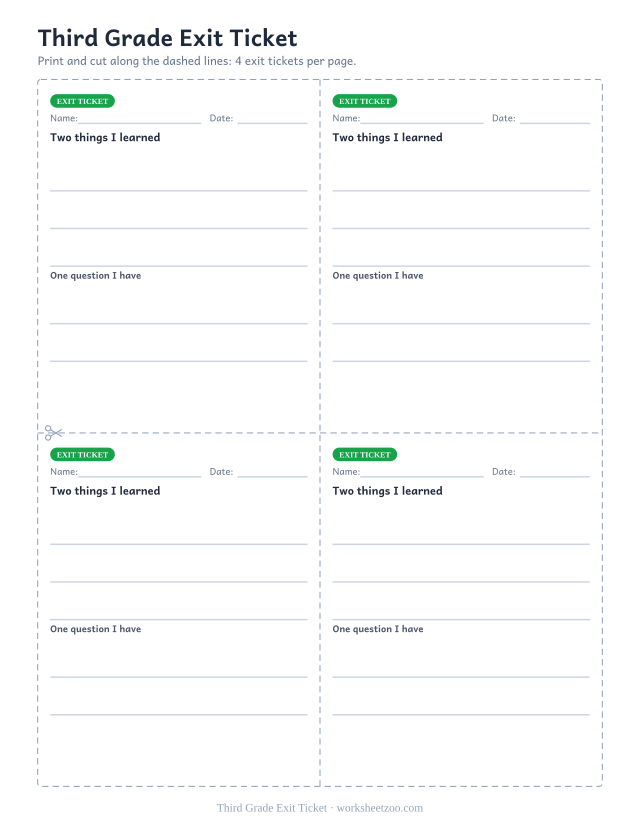 Third Grade Exit Ticket: free printable exit ticket PDF to print and cut, 4 slips per page