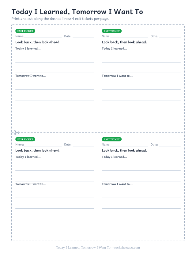 Today I Learned, Tomorrow I Want To: free printable exit ticket PDF to print and cut, 4 slips per page