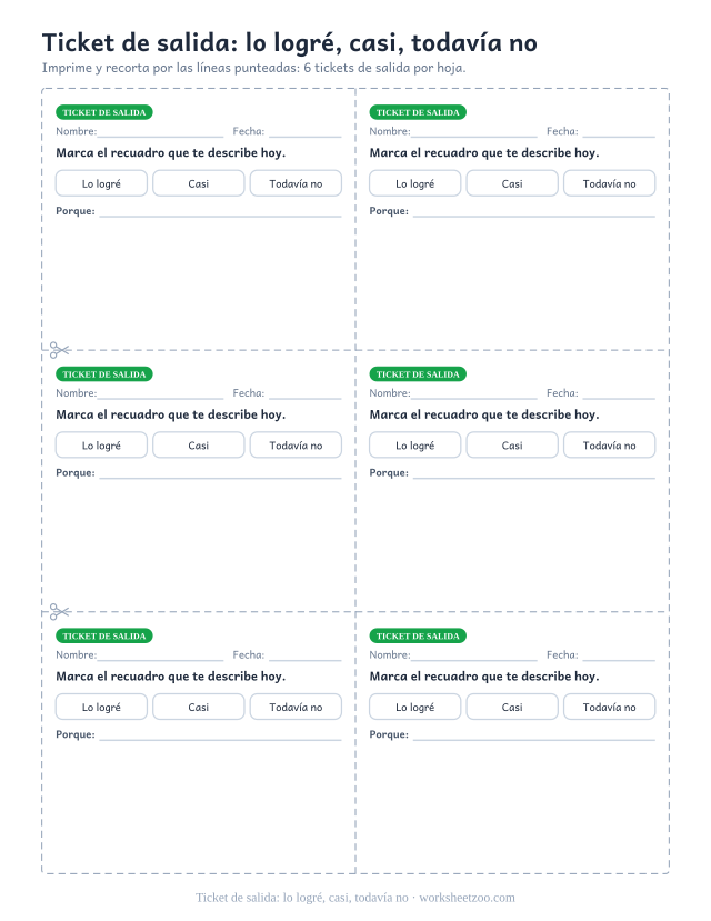 Ticket de salida: lo logré, casi, todavía no: ticket de salida para imprimir y recortar en PDF, 6 tickets por hoja
