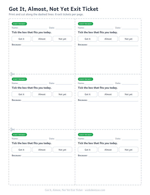Got It, Almost, Not Yet Exit Ticket: free printable exit ticket PDF to print and cut, 6 slips per page