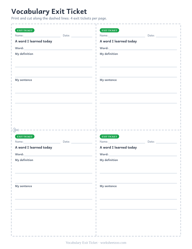 Vocabulary Exit Ticket: free printable exit ticket PDF to print and cut, 4 slips per page