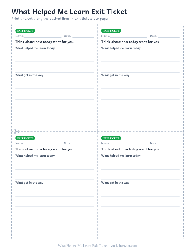 What Helped Me Learn Exit Ticket: free printable exit ticket PDF to print and cut, 4 slips per page