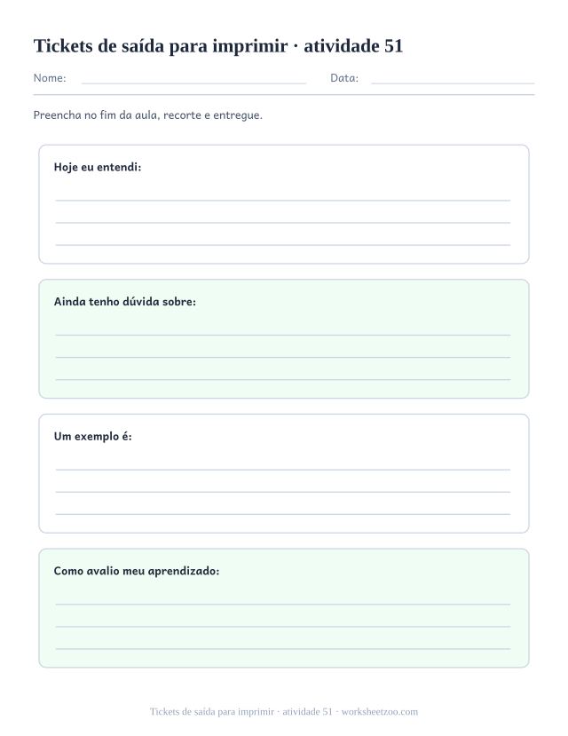Prévia de Tickets de saída para imprimir, atividade 51 para imprimir