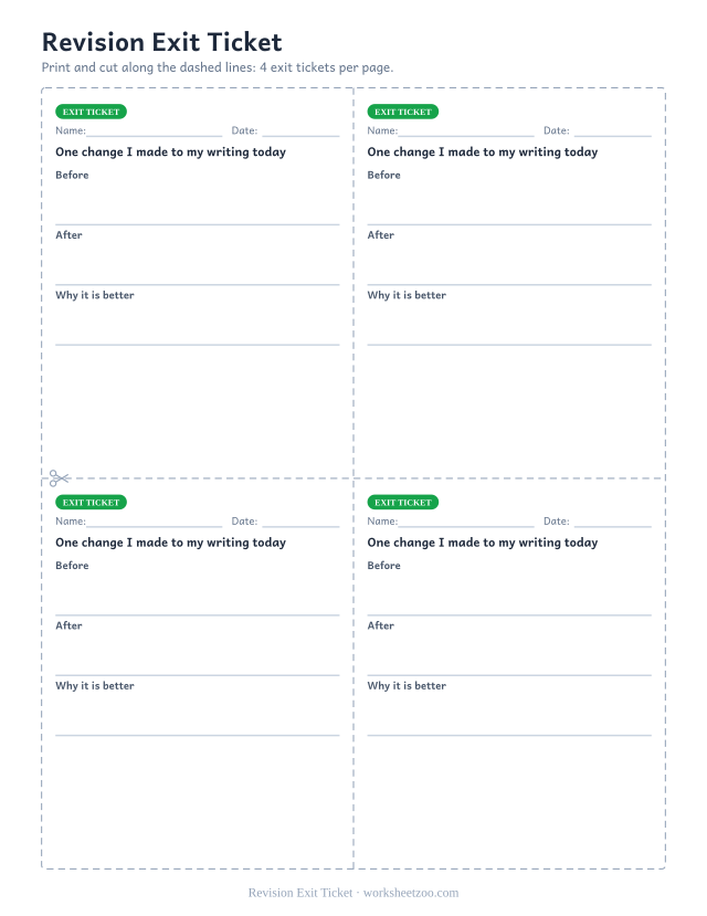 Revision Exit Ticket: free printable exit ticket PDF to print and cut, 4 slips per page
