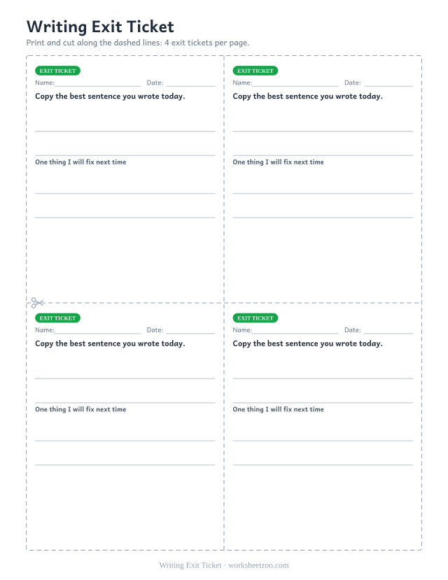 Writing Exit Ticket: free printable exit ticket PDF to print and cut, 4 slips per page