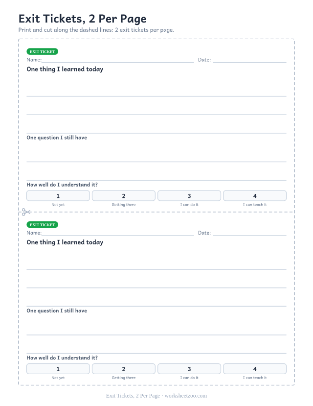 Exit Tickets, 2 Per Page: free printable exit ticket PDF to print and cut, 2 slips per page