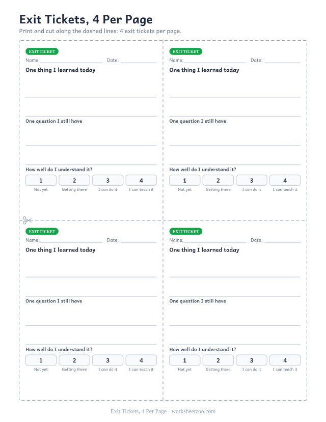 Exit Tickets, 4 Per Page: free printable exit ticket PDF to print and cut, 4 slips per page