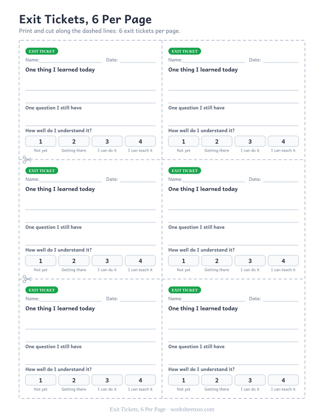 Exit Tickets, 6 Per Page: free printable exit ticket PDF to print and cut, 6 slips per page