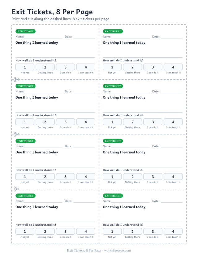 Exit Tickets, 8 Per Page: free printable exit ticket PDF to print and cut, 8 slips per page