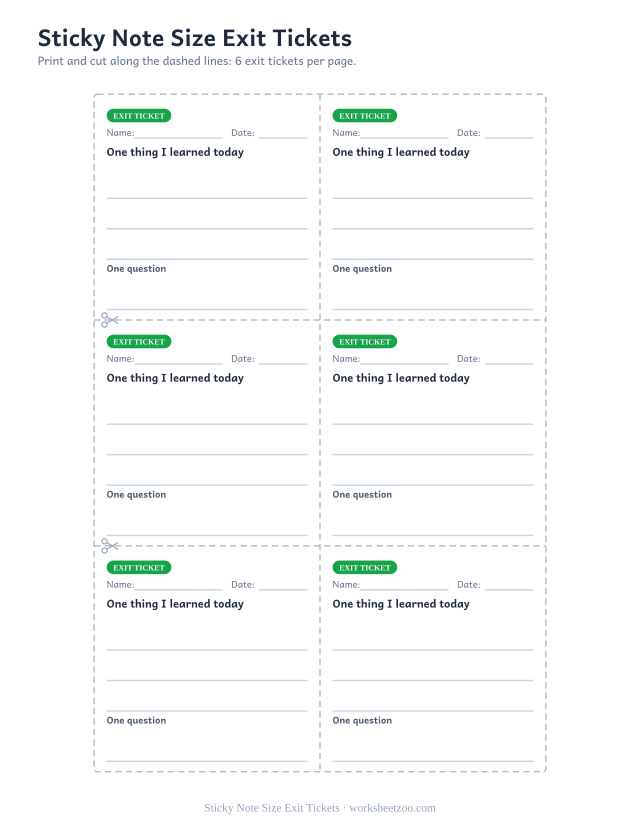 Sticky Note Size Exit Tickets: free printable exit ticket PDF to print and cut, sticky note size