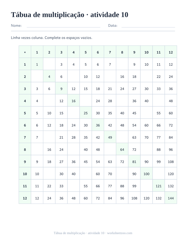Prévia de Tábua de multiplicação, atividade 10 para imprimir