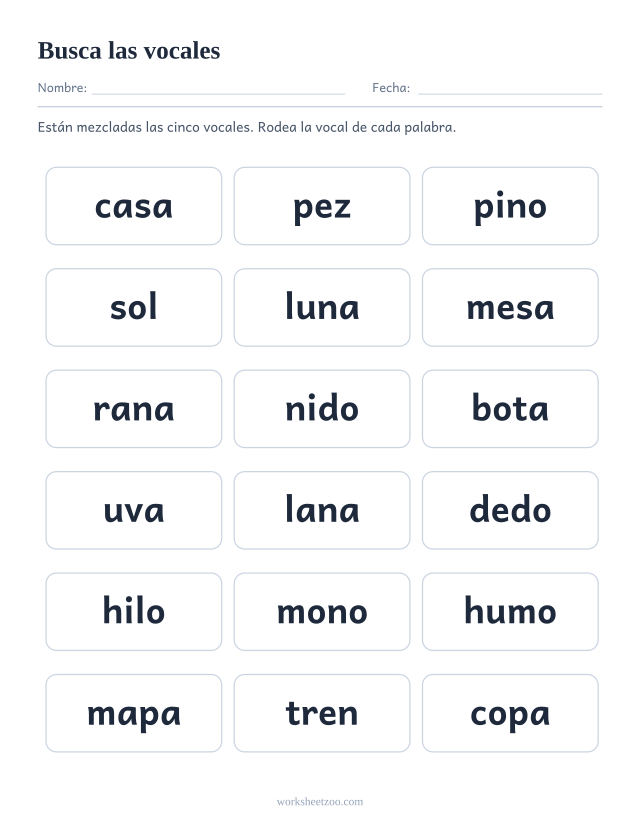 Ficha de vocales mezcladas, dieciocho palabras con las cinco vocales sin seguir un orden