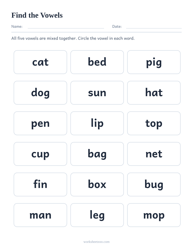 Mixed vowel worksheet, eighteen words covering all five vowels with none repeated in order