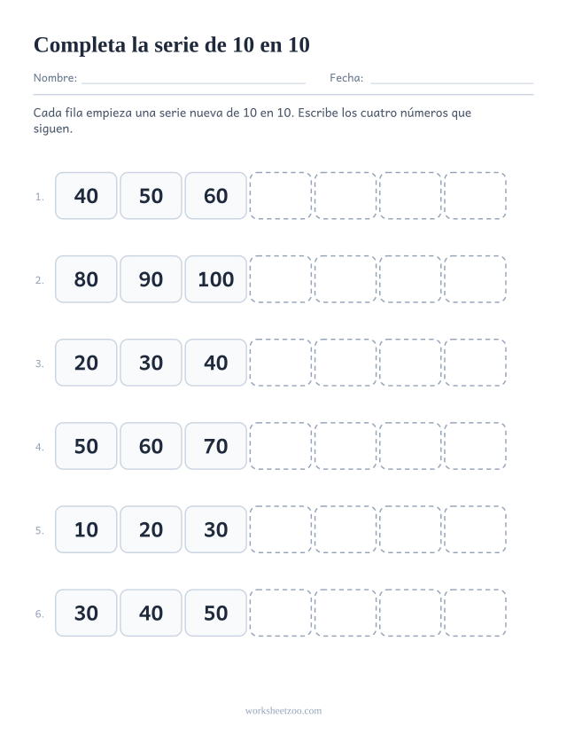 Ficha para completar series de 10 en 10, seis secuencias cortas con los cuatro términos siguientes en blanco