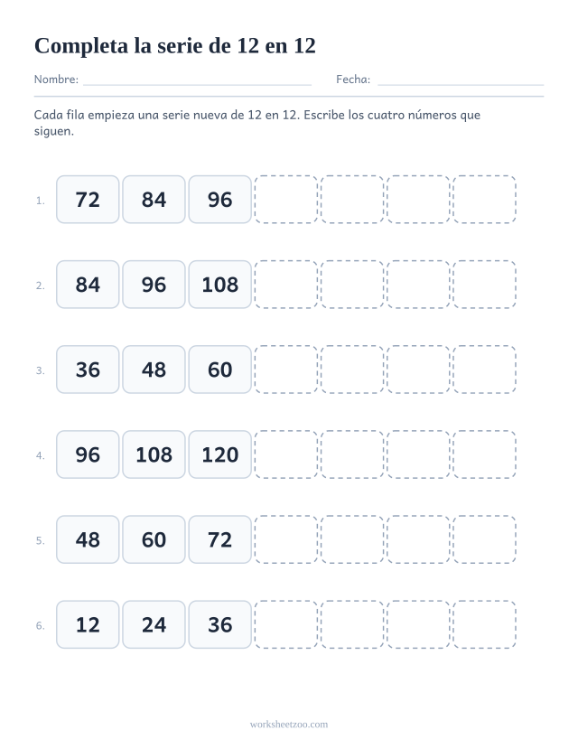 Ficha para completar series de 12 en 12, seis secuencias cortas con los cuatro términos siguientes en blanco