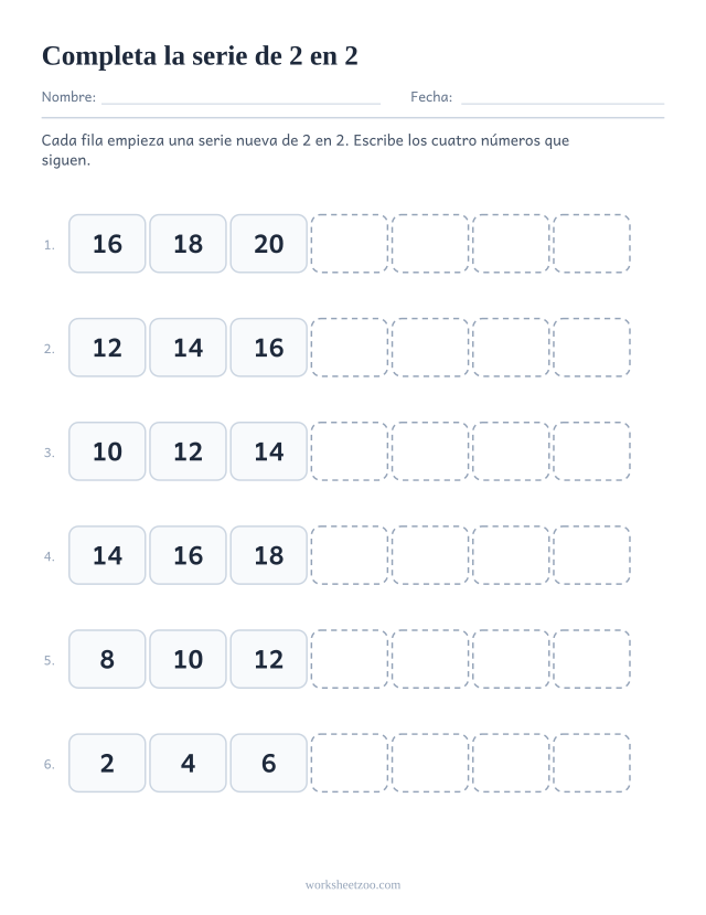 Ficha para completar series de 2 en 2, seis secuencias cortas con los cuatro términos siguientes en blanco